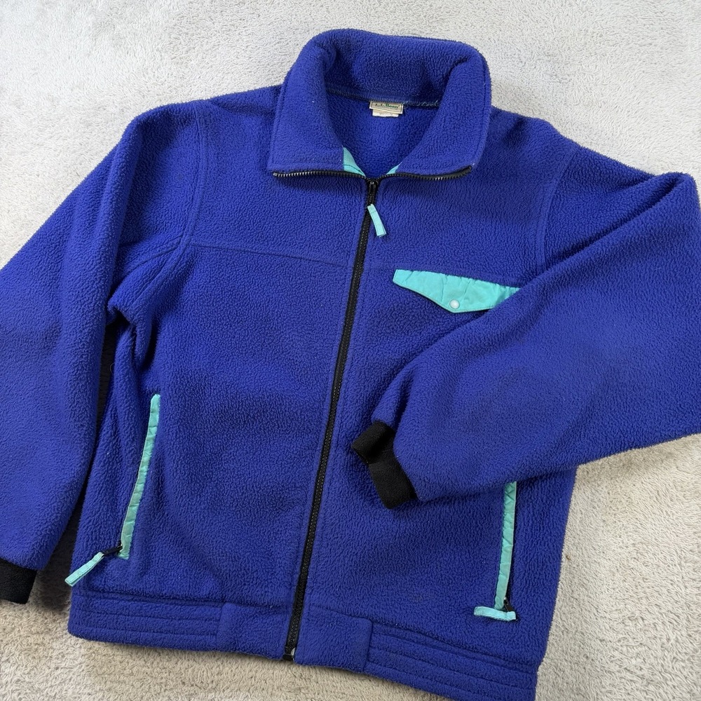 LL Bean Fleece Jacket Mens Medium Blue Teal Full Zip USA Made Vintage Outdoor